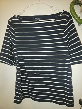 Lauren Ralph Lauren Navy Breton Stripe Boat Neck Blouse Covered Elbow Sleeve XL